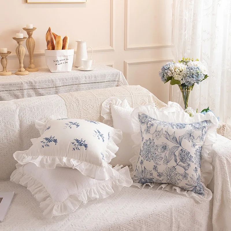 1pcs French Country Style Pure Cotton Embroidered Ruffled Pillowcase, Pillow Cover, Living Room Sofa Flower-decorated Pillowcase
