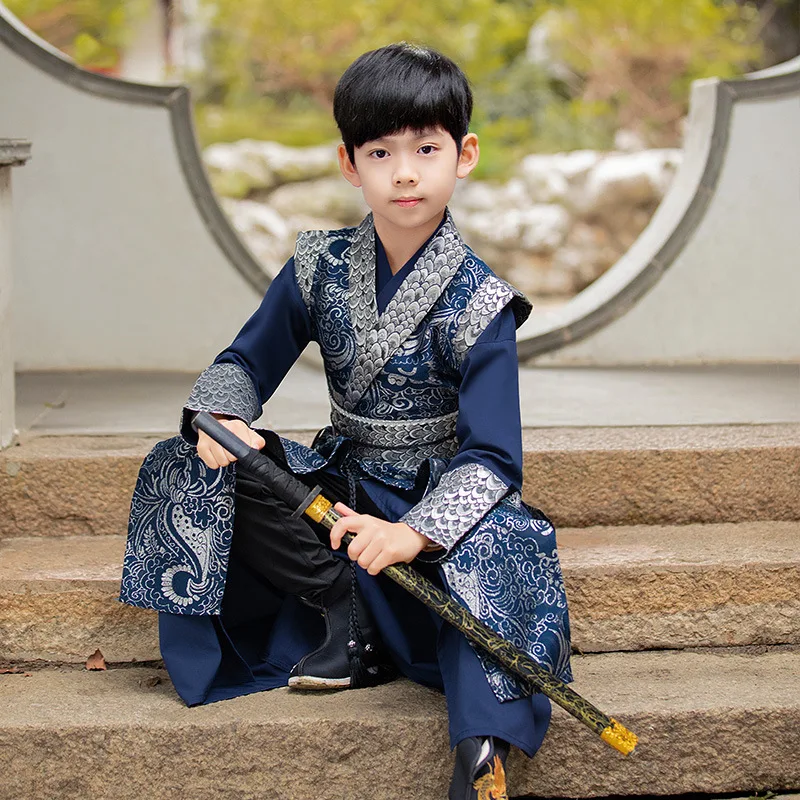 Spring Blue Print Hanfu New Autumn Children Tang Suit for Boys Chinese Style Hanfu Suit Anciwent Martial Arts Costume