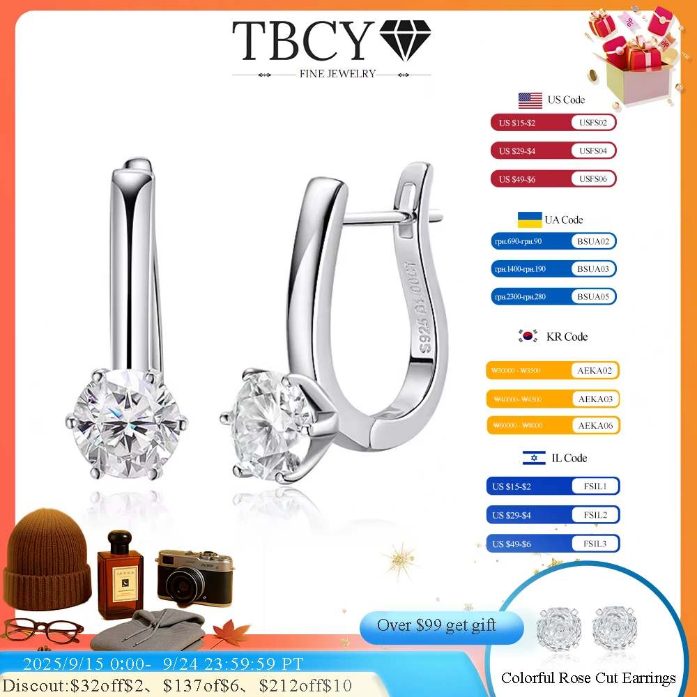 

TBCYD Moissanite Hoops Earrings 100% Real 925 Sterling Silver 6.5mm D Color Single Stone Six Claw U-shaped Earrings For Women