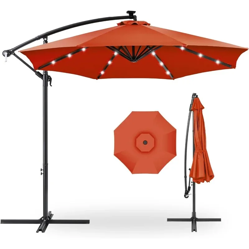 10ft Solar LED Offset Hanging Market Patio Umbrella for Backyard, Poolside, Lawn and Garden w/Easy Tilt Adjustment