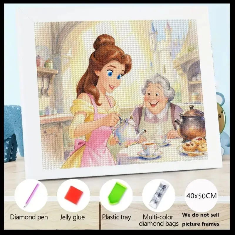 

Новый модный комплект алмазной живописи 1PC 5D Full Drill, DIY Princess Belle & Happy Elder Woman Tea Party Scene Diamond Art, Beauty an