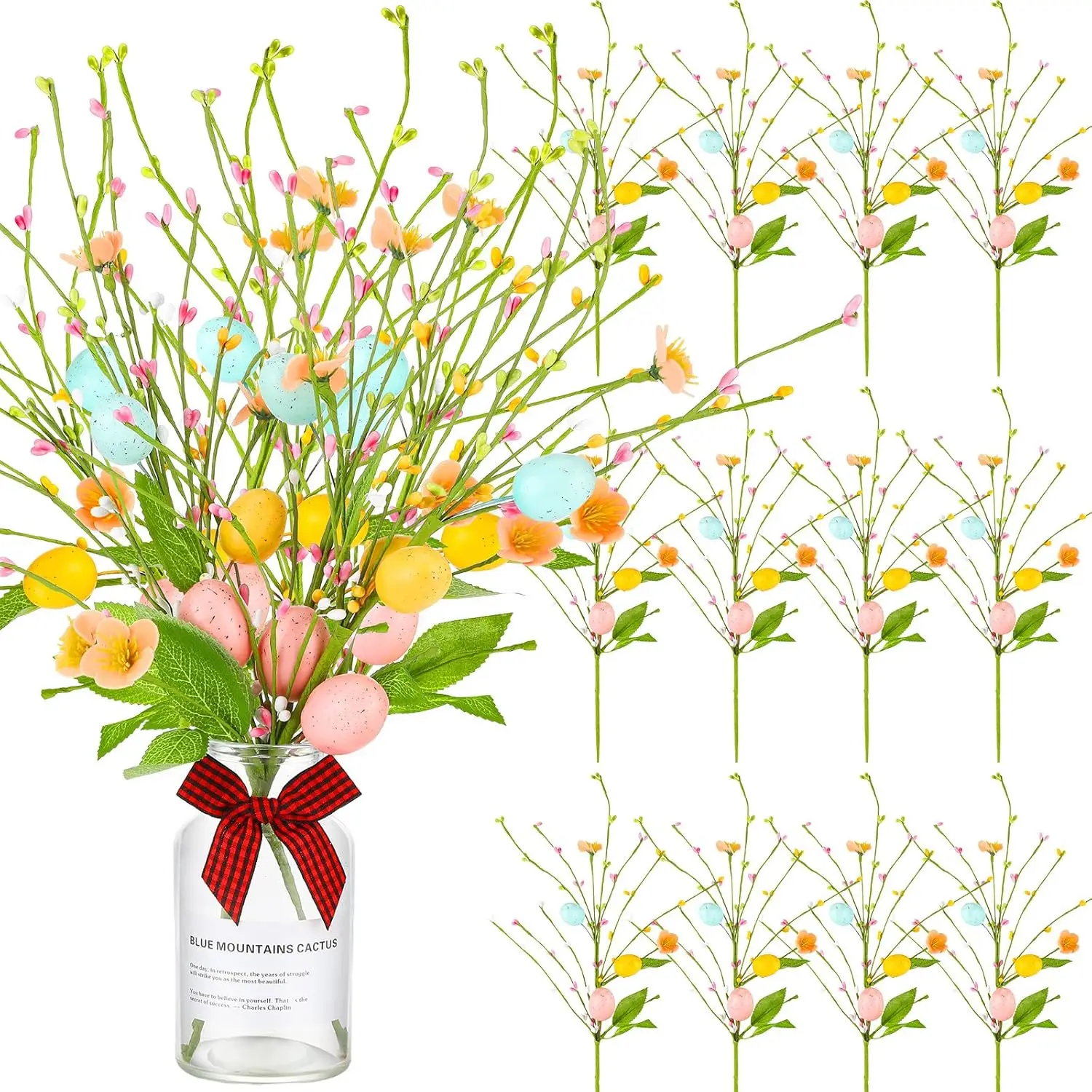 

12 Pcs Artificial Easter Egg Picks with Faux Flowers, Berries, and Stems - 15.75 Inch Fake Flowers for Spring Vase Arrangements