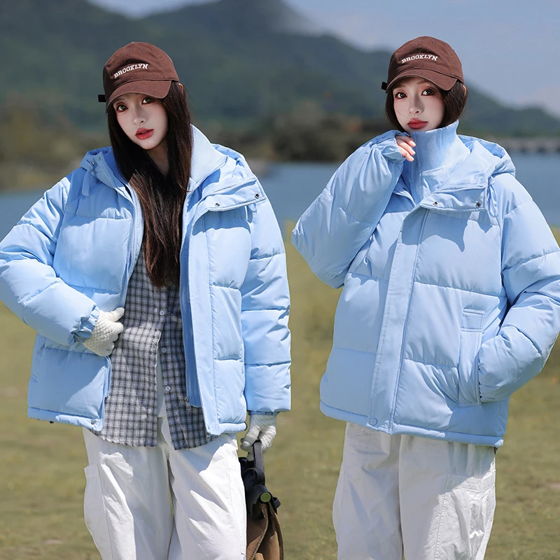 フェイクツーピースフード付きダウンコットンパッド入りジャケットスタンドカラー新作カジュアルルーズ暖かいレディースコットンジャケット冬厚手パーカーコート