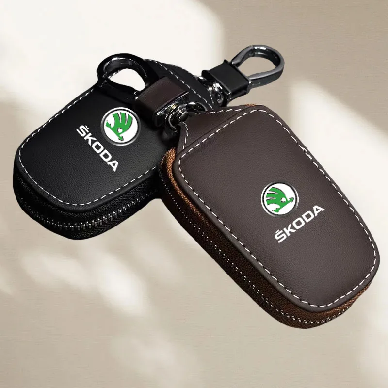 

Leather Car Remote Key Case Full Cover Protector Holder Shell Fob For Skoda Superb A7 Kodiaq Octavia A7 A8 Keychain Accessories