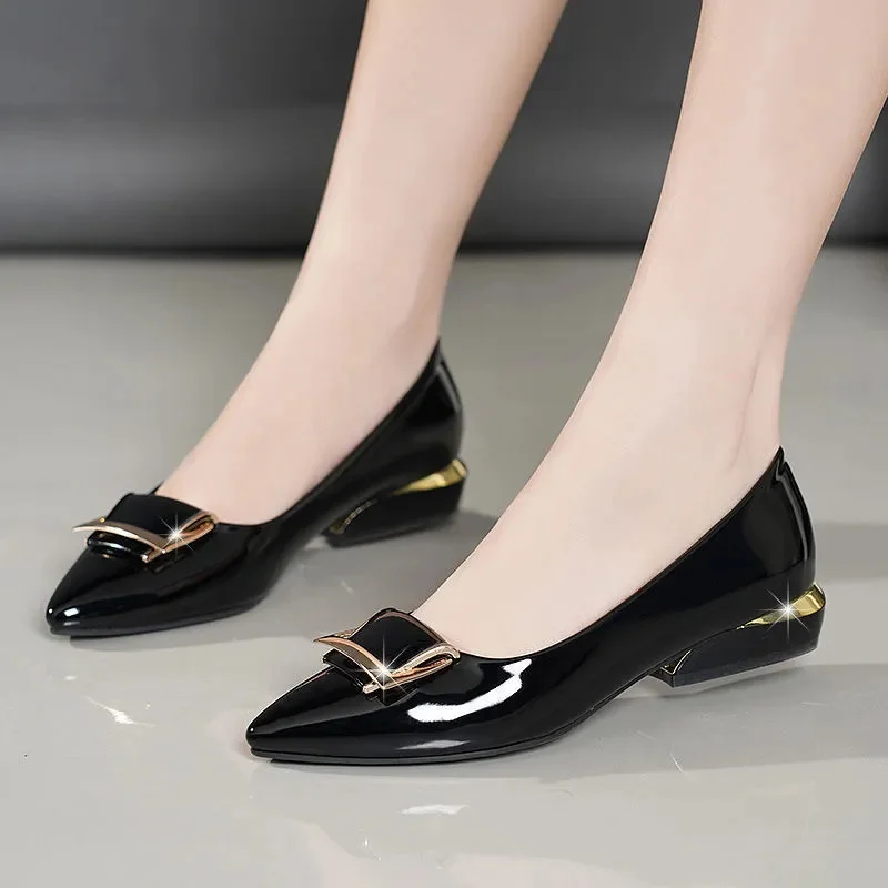 Women Fashion Light Weight Black Bow Tie Pu Leather Slip on Square Heel Shoes for Party Lady Casual Comfort Office Shoes A15