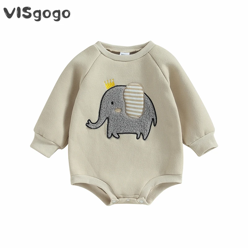 

VISgogo 0-18M Baby Boys Girls Clothes Spring Fall Romper Long Sleeve Fleece Crewneck Elephant Patch Loose Bodysuit