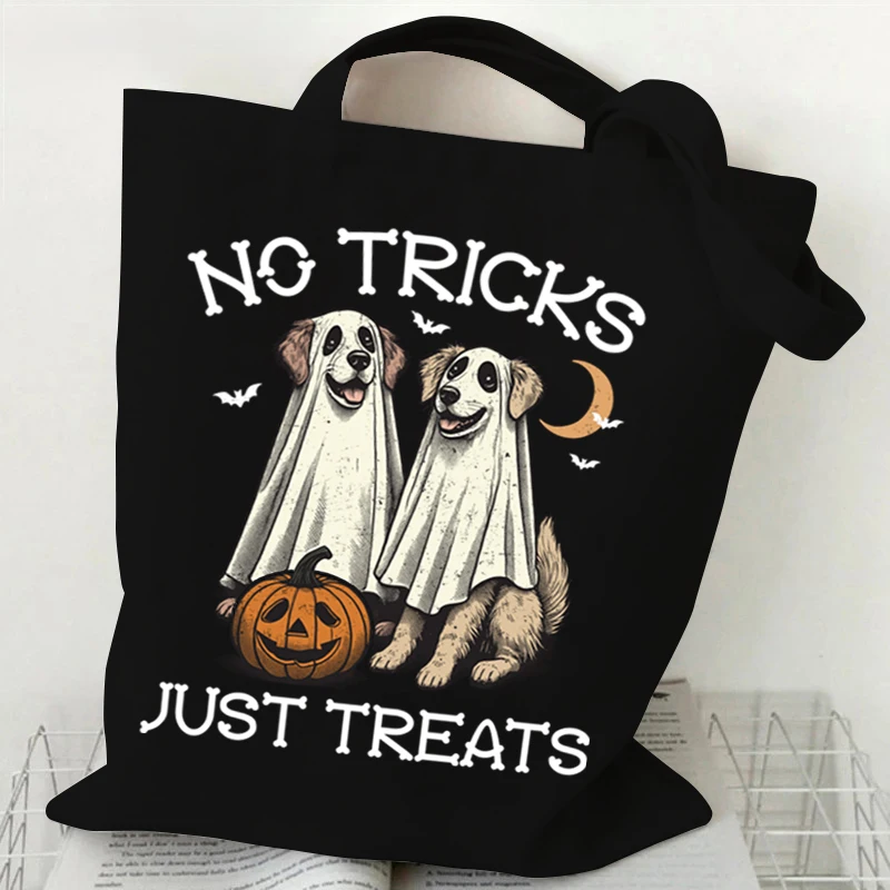 Borse portaoggetti versatili per amanti dei cani Borsa per la spesa in tela unisex con zucca fantasma di Halloween Borse tote da donna di Halloween