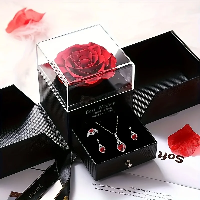 Rosenblüten-Geschenkbox, Rosenherz-Halskette, Ohrringe, elegantes zweiteiliges Set für Hochzeit, Party, Muttertag, Valentinstag, Geburtstag