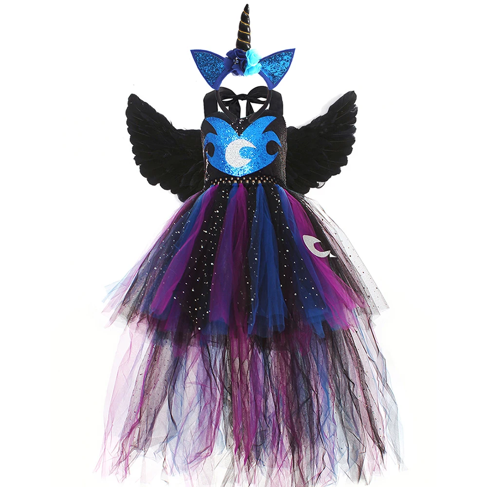 Disguise Twilight Sparkle Princess Luna Cosplay Costume Girls Unicorn Fancy Tutu Dress with Wing Headband Halloween Clothes