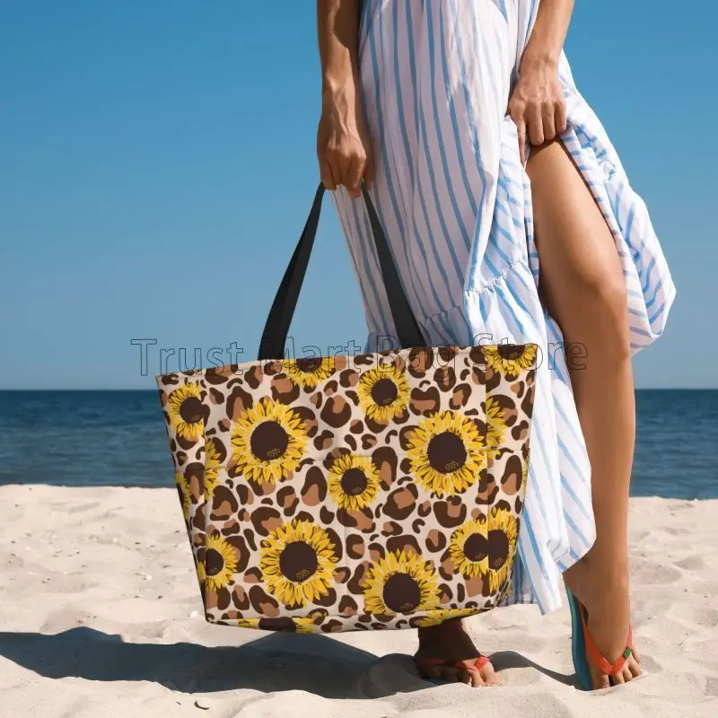 Sunflowers Leopard Print Large Waterproof Beach Bag Women Portable Travel Bag Sandproof Pool Tote Bags for Travel Vacation Swim