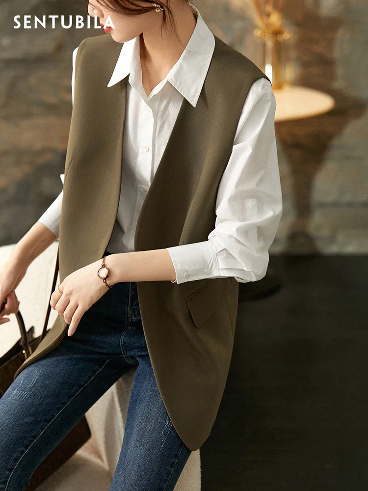SENTUBILA Elegant Waistcoat for Women 2024 Spring Office Wear Fashion Jacket Vest Sleeveless Straight V-neck Blazer 123J44415