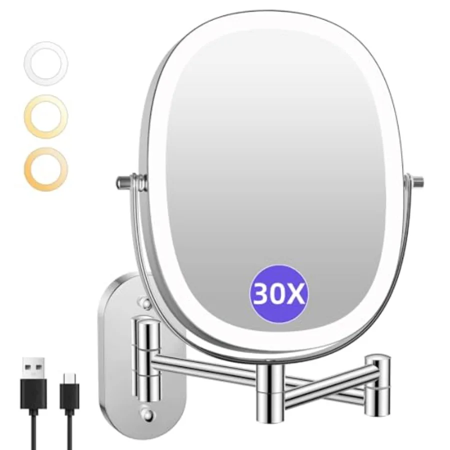 

30X/1X Wall Mounted Lighted Makeup Mirror, 5000mAh Rechargeable Double Sided Magnifying Bathroom Lighted Mirror, 3 Color Modes