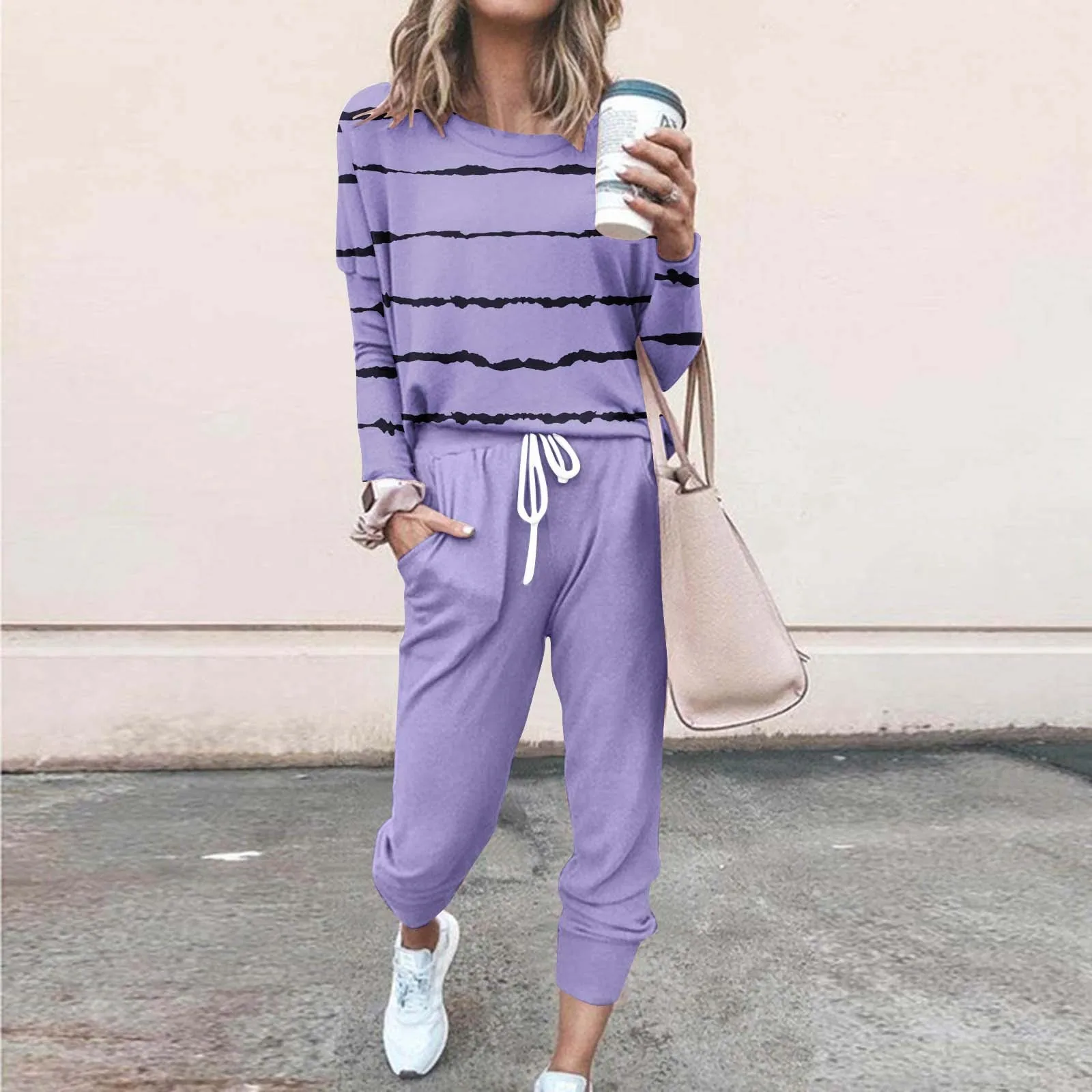 

O-Neck Bandage Fashion Long Sleeve Women Suits Loose Drawstring Pants Women Sweatsuits Tracksuit Mujer stripe Pullover Sets