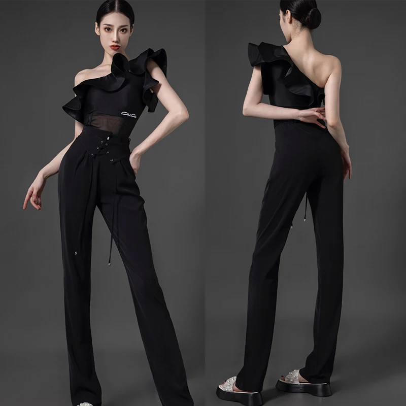 

2023 Latin Dance Costumes For Women Sexy Latin Tops Black High-Waist Pants Practice Suit Chacha Smaba Latin Dance Wear DQS11889