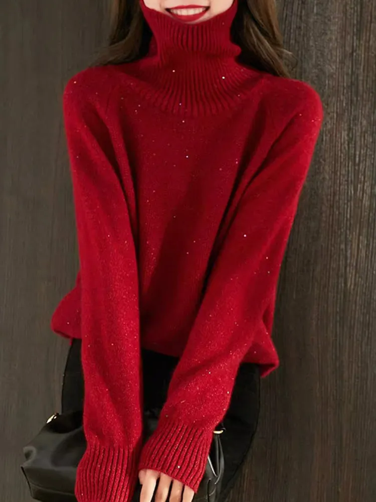 

Шерстяной вязаный свитер с высоким воротником Color iny, дизайн для похудения, длинный све, женский повседневный топ, новогодний красный цвет