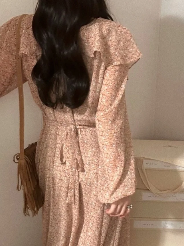 Vestido e Vintage con estampado Floral para primavera y otoño, vestido adeazante con cuello de volantes para mujer, ...