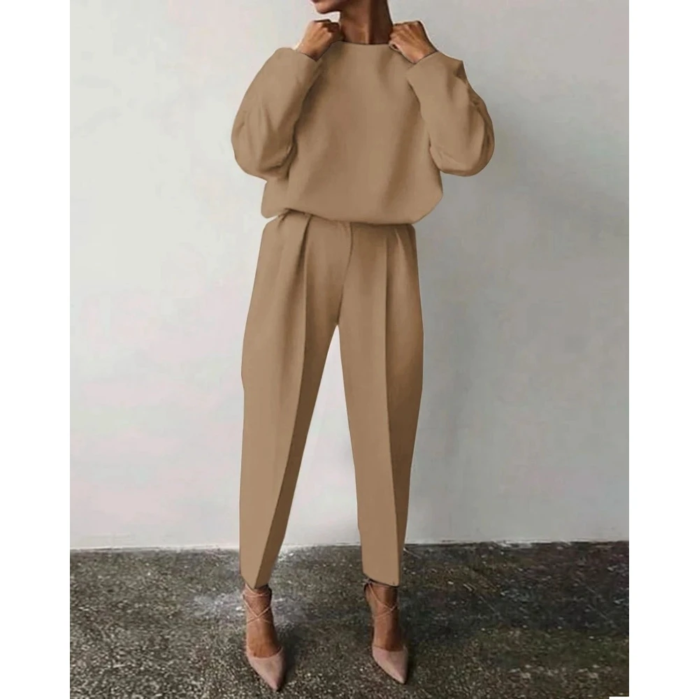 Women O-Neck Long Sleeve Sweatshirt Top & Ruched Frill Pants Sets Female Spring Solid Loose 2 Pieces Elegant Pants Set Street