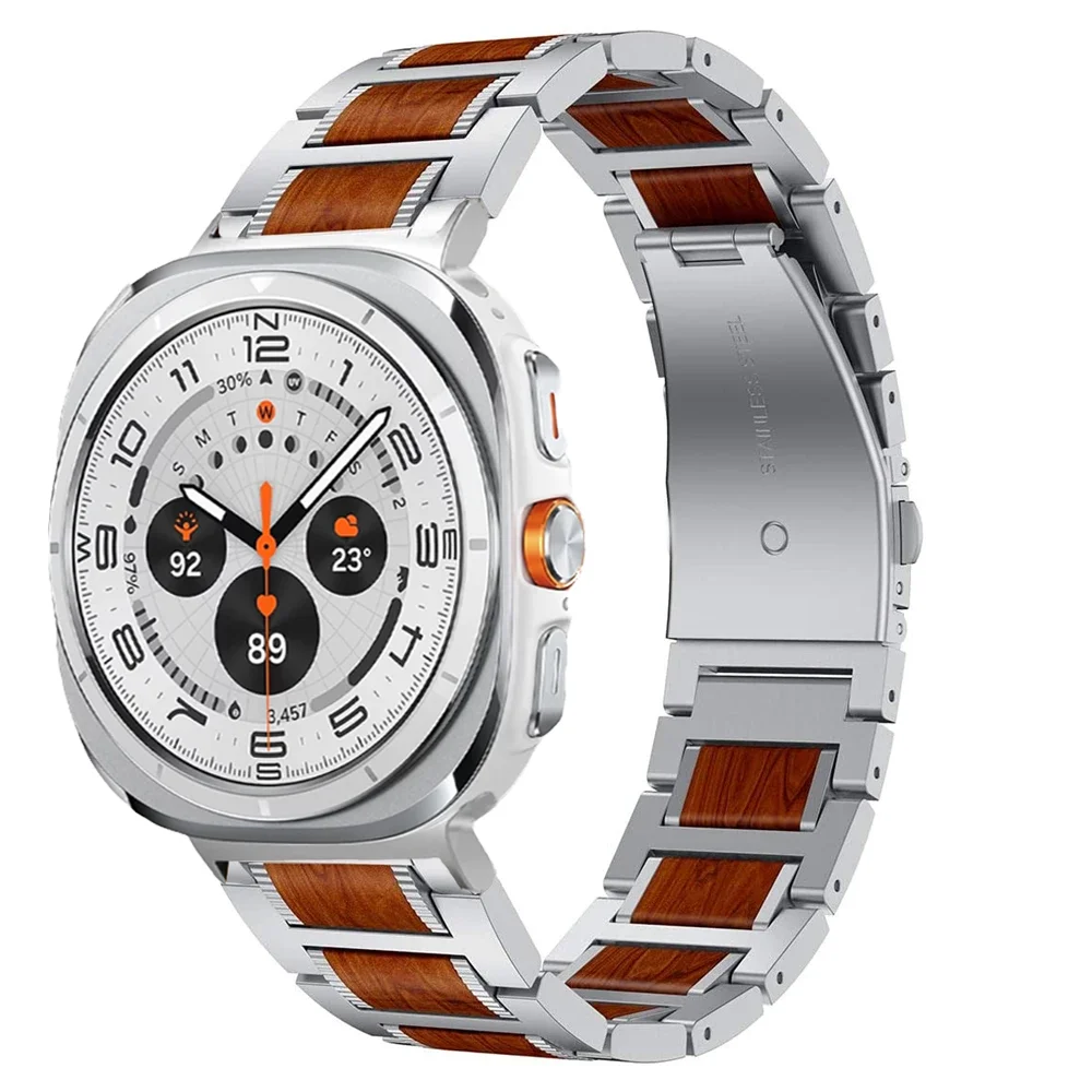 Holz + Edelstahl-Metallarmband für Samsung Galaxy Watch Ultra 47 mm Metall-Ersatzarmband Galaxy Watch 8-7 Ultra 47 mm Gürtel