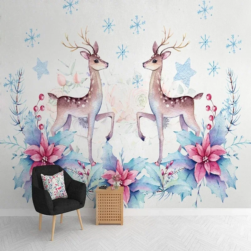Custom Mural Wallpaper 3D Stereo Flower Elk Animal Photo Wall Painting Children's Bedroom Background Wall Decor Papel De Parede