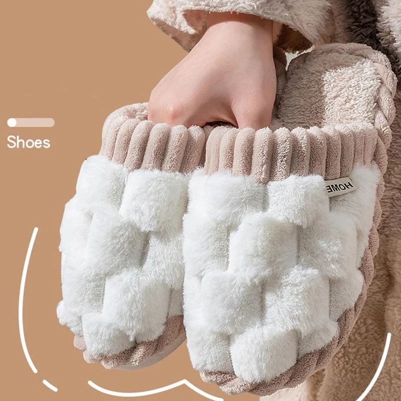 

2025 Новые домашние хлопковые тапочки для женщин взимку для использования в помещении для пар Нескользящие и теплые меховые тапочки для мужчин зимой