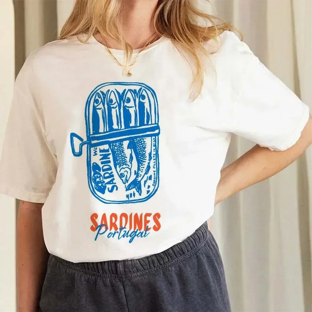 Pattern Retro Sardines Portugal Tinned Fish Printed Street Women's Summer Travel Vacation T-Shirt Cute Style Printed T-Shirt