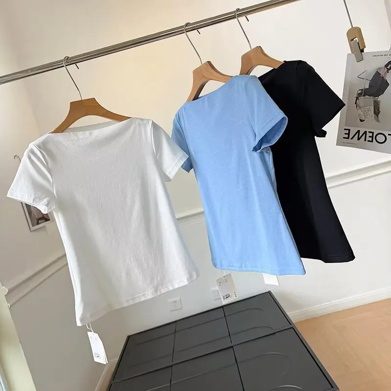 Maxdutti Southern France Minimalist Solid Color Cotton Knitted T-shirt One Collar Elastic Tight Short Sleeve T-shirt Woman Cloth