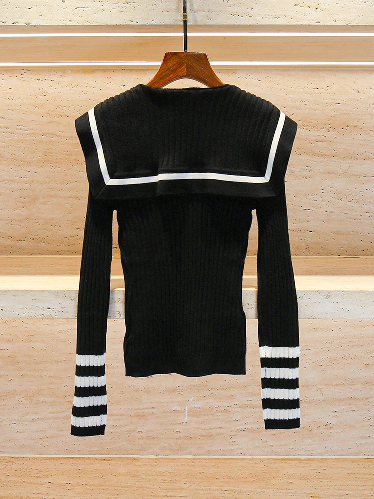 

High-End Women's Navy Collar Slim Fit Striped Knitwear Top with Belt Autumn College Sle European Faion Long Sve Regula...