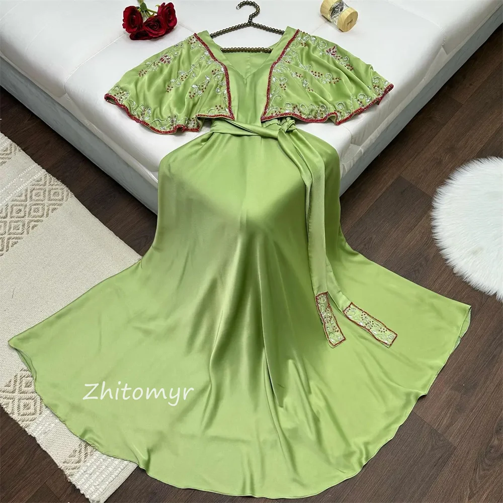 Jiayigong  Mesprit Simple High Quality V-neck A-line Beading Paillette / Sequins Anke Length Charmeuse  Dresses