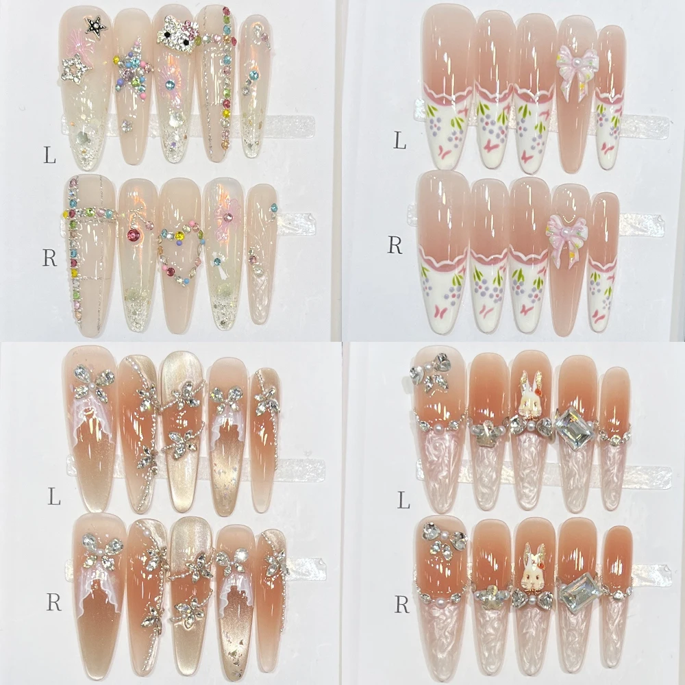 

10Pcs Sweet Lovely Cat Eyes Long Stiletto Handmade Press On Nails Light Luxury Glitter Diamond Flowers Wearable False Nails