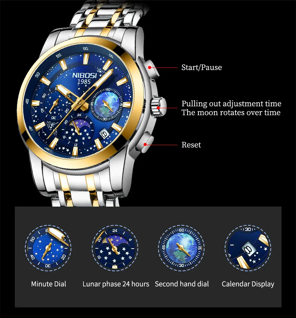 NIBOSI Luxury Watch for Men Waterproof Luminous Date Chronograph Man Sport Quartz Stainless Steel Mens Watches Relogio Masculino