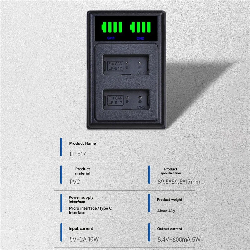 

QWE-For Canon EOS 250D 200D M3 M6 750D 760D T6i T6s 800D 8000D Kiss X8i Compatible LP-E17 LP-E17 LCD Dual Battery Charger Camera