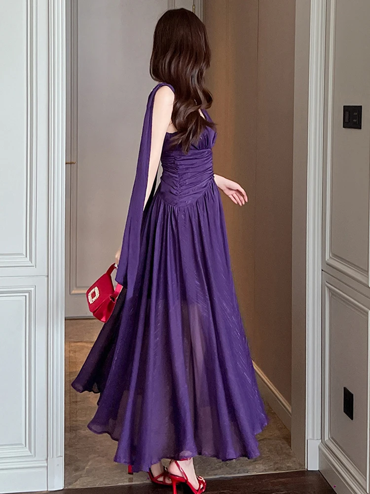 French Celebrity Evening Prom Dresses Women Elegant Bright Silk Ribbon Pearl Chain Backless Folds Maxi Robe Club Party Vestidos