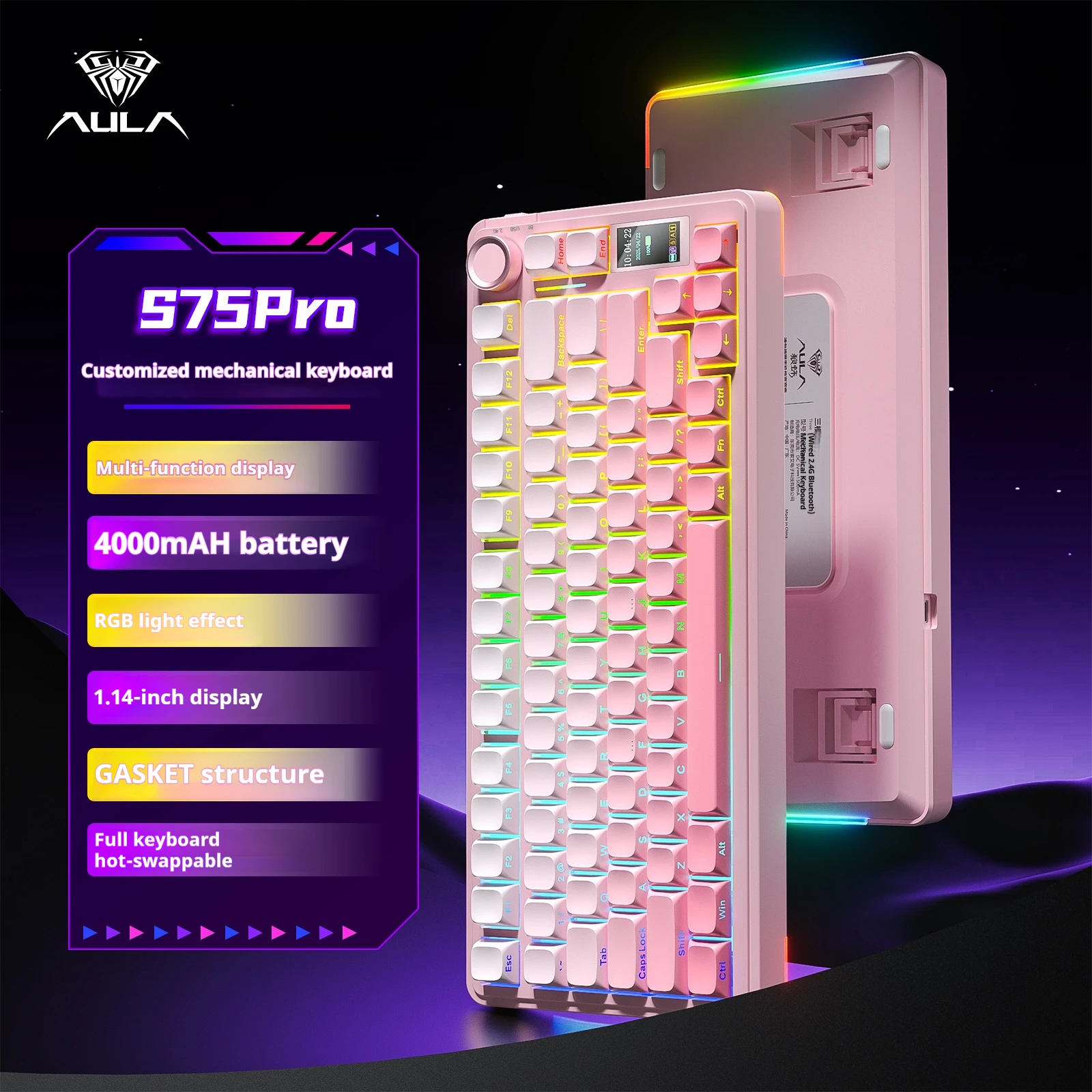 AULA S75 Pro 게이밍 기계식 키보드 75% 핫스왑 RGB 백라이트 4000mAh PBT 키캡 무선 키보드 LED 스크린 노브 포함 썸네일 7