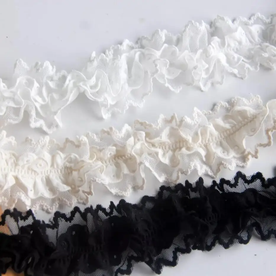 New 5cm 1yards/lot Customized Black/White/Beige Mesh and Cotton Lace 2Layer 3D Pleated Lace Trim Materials X002