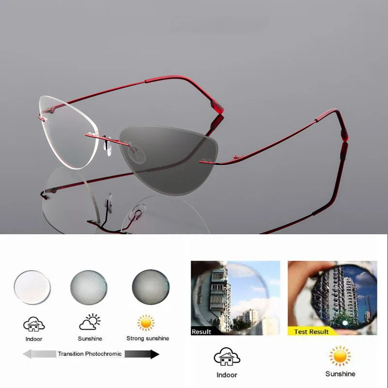 Randlose Memory Titan Legierung Photochrome Lesebrille Frauen Cat Eye Rezept Presbyopie Brillen Klare Verfärben Gläser – Detail 13
