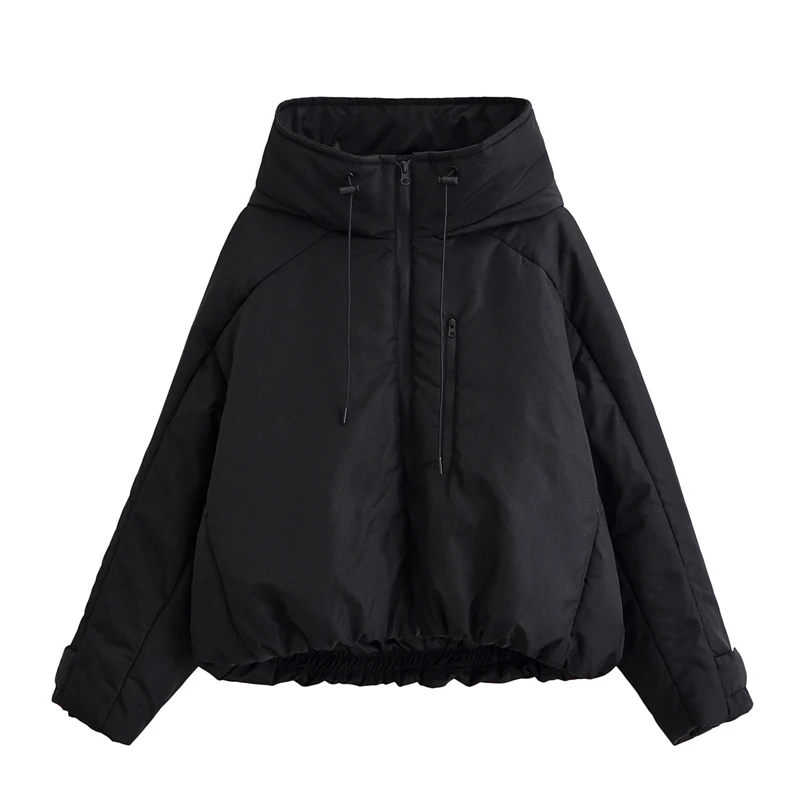 

Simple Black Hooded Cotton Jacket 2025 New Women's Fashion Design Long Sleeve Winter Coat Loose Casual Thick Warm Outerwear