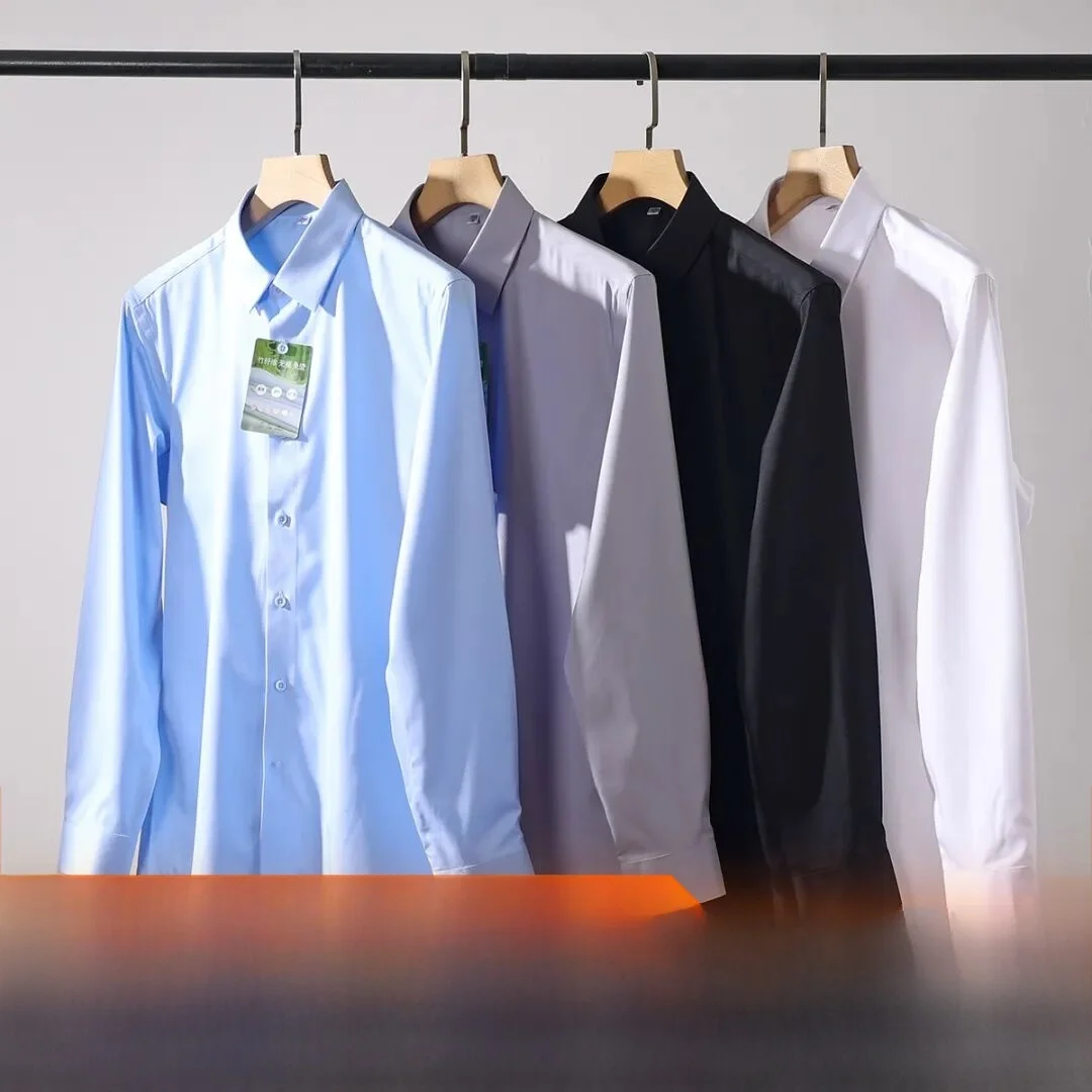  Bamboo Fiber Long Sleeve Shirt for Commuting Business Anti-Wrinkle Pure Color Basic Versatile Formal Wear