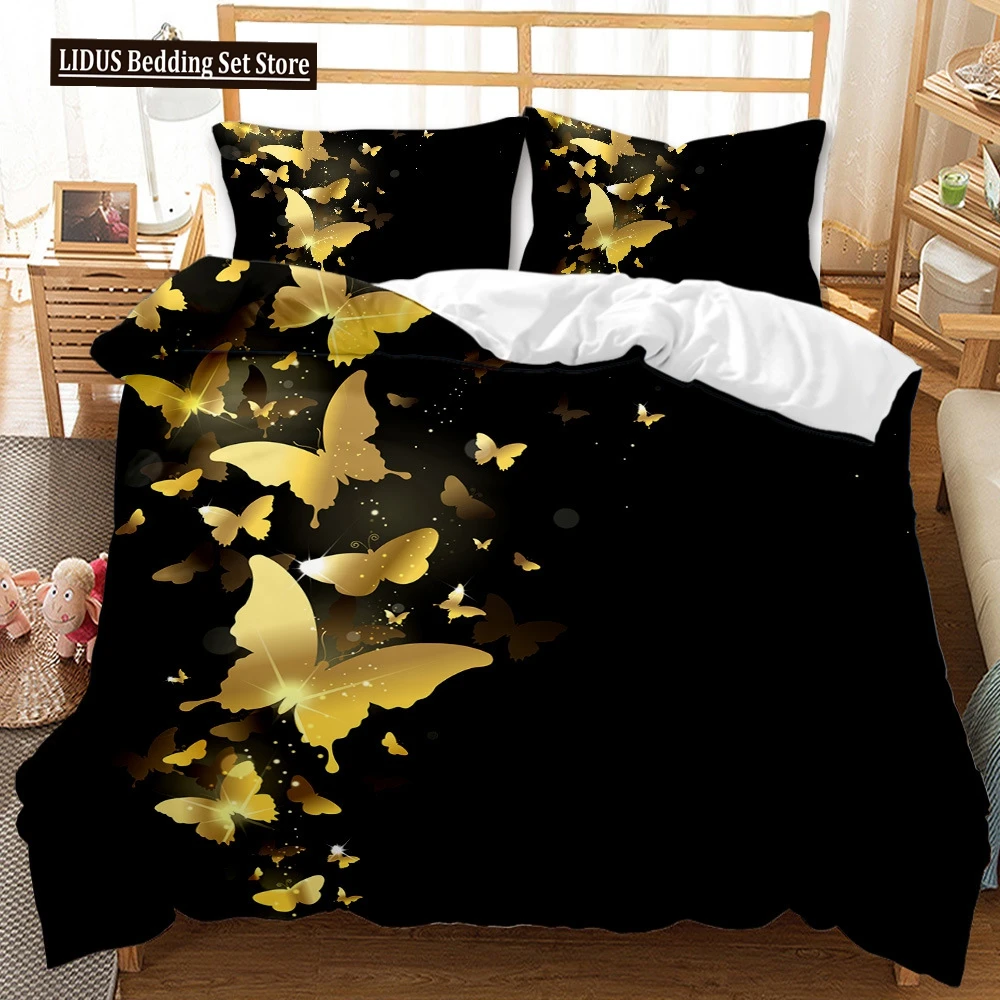 

Butterfly Duvet Cover Set King Queen Twin Full Size Black Gold Butterflies Black Background For Kid Boy Polyester Bedding Set