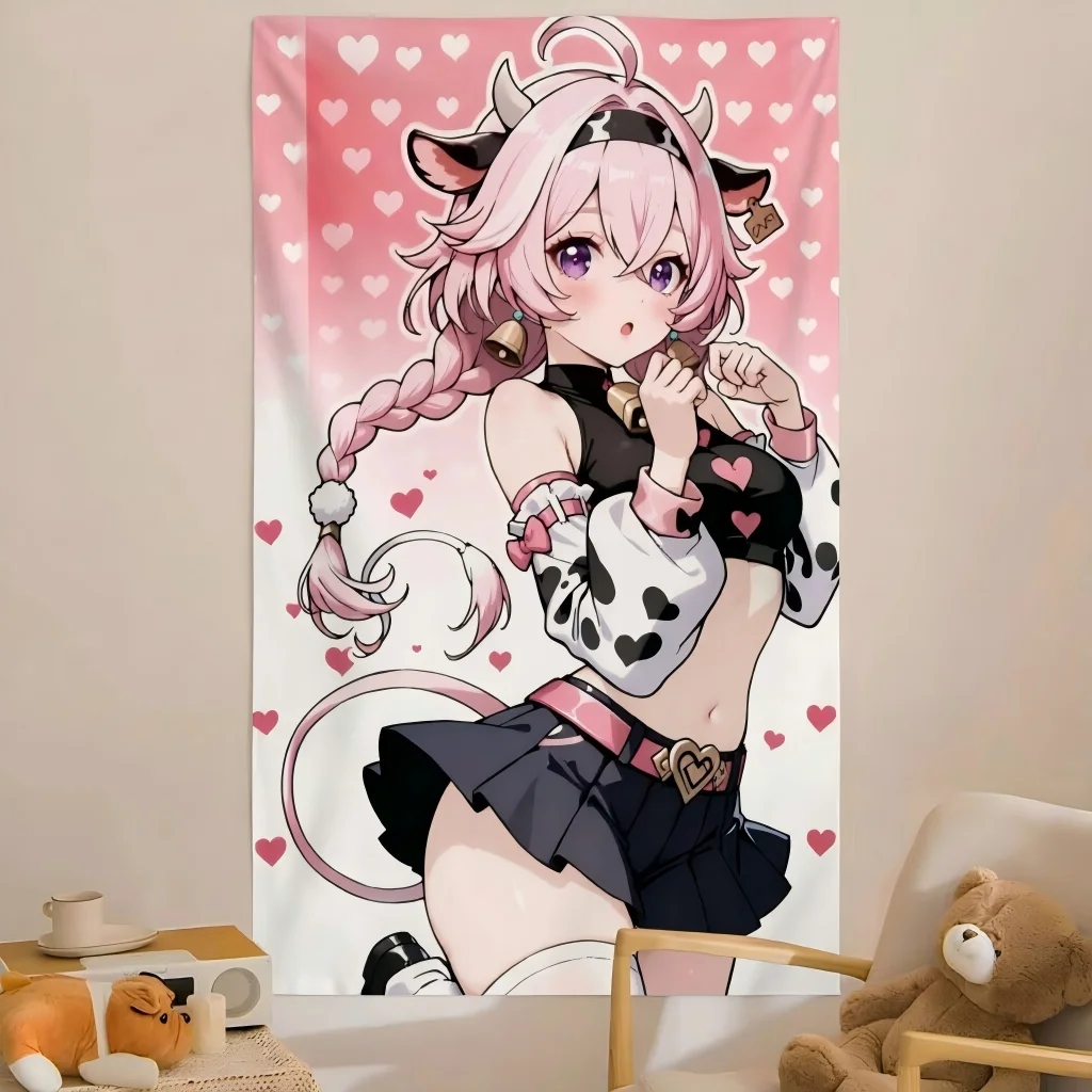 Y2K Kawaii Cow Girl Tapestry Pink Hair Horn Headband Bell Heart Crop Top Skirt Gradient Anime Wall Hanging Teen Girls Dorm Decor