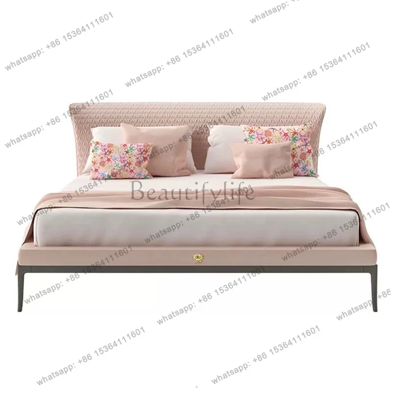 

Superior double bed Italian light luxury leather furniture high fashion pink