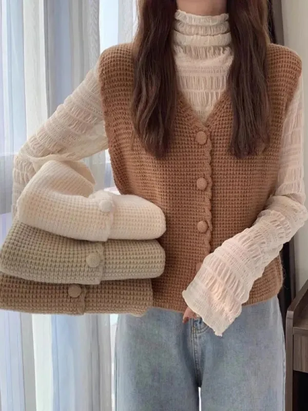 

Женский вязаный жилет с v-образным вырезом, однотонный открытый кардиган, свободный свитер, верхняя одежда, весенне-осенний новый жилет для колледжа