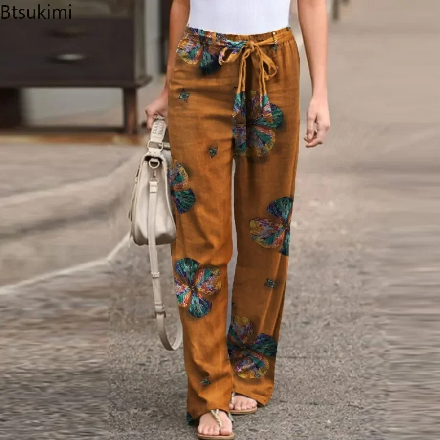 

New 2025 Women's Casual Flower Print Cotton Linen Straight Leg Pants Lace Up Elastic Waist Home Trousers Female Plus Size Pants