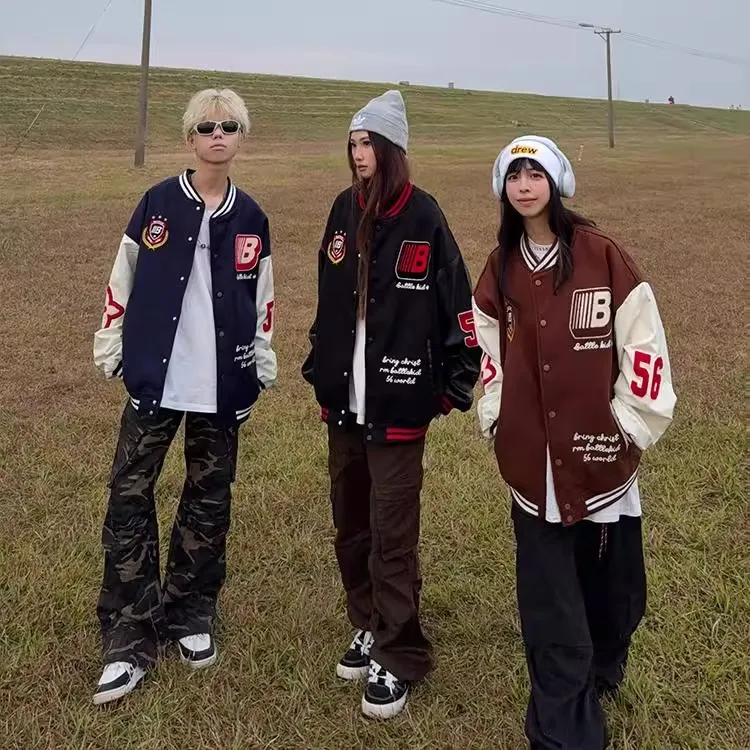 

26KID Original Patchwork Color Blo Baseball Jaet Loose Fit ex Autumn Winter Trendy American Sle Outerwear Coat