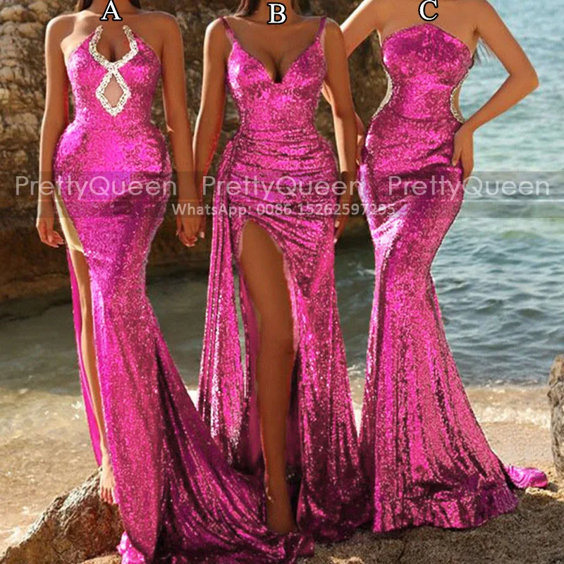 High Slit Mermaid Prom Dresses Customized Beaded Hot Pink Sequins Cutaway Sides Trumpet Long Evening Dress Party For Women