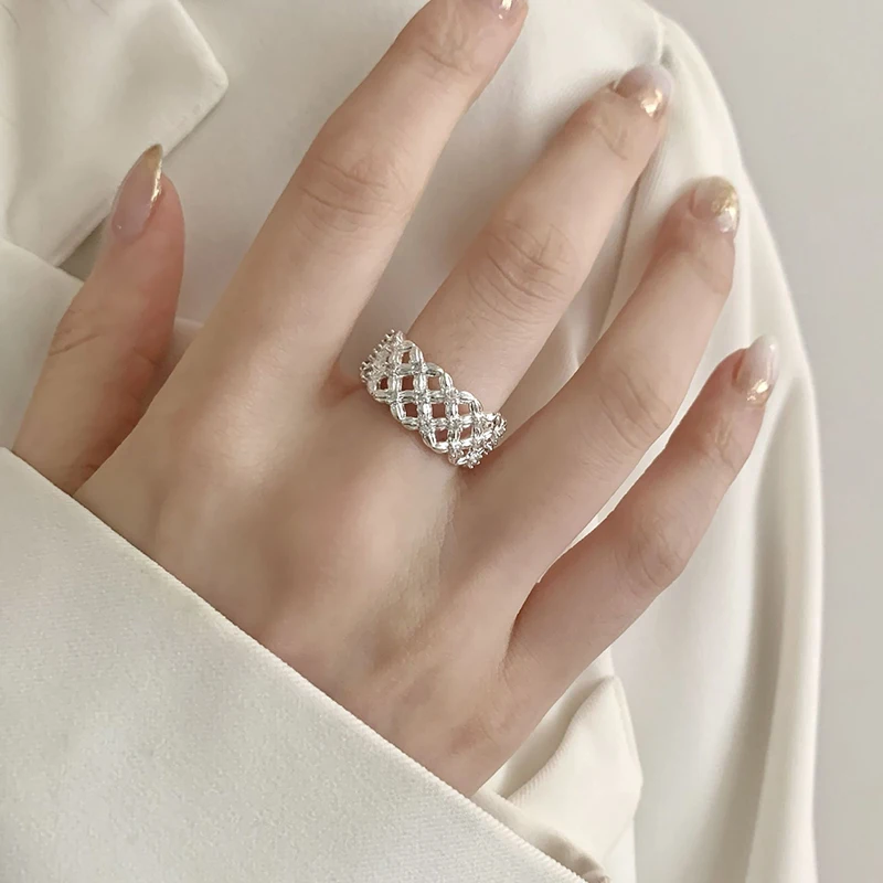 GANPUP Minimalistische Geometrische Geflecht-Verstellbare Fingerringe für Frauen, Modischer Neuer Silberfarbener Schmuck, Geschenk für Party und Büro кольцо – Detail 3