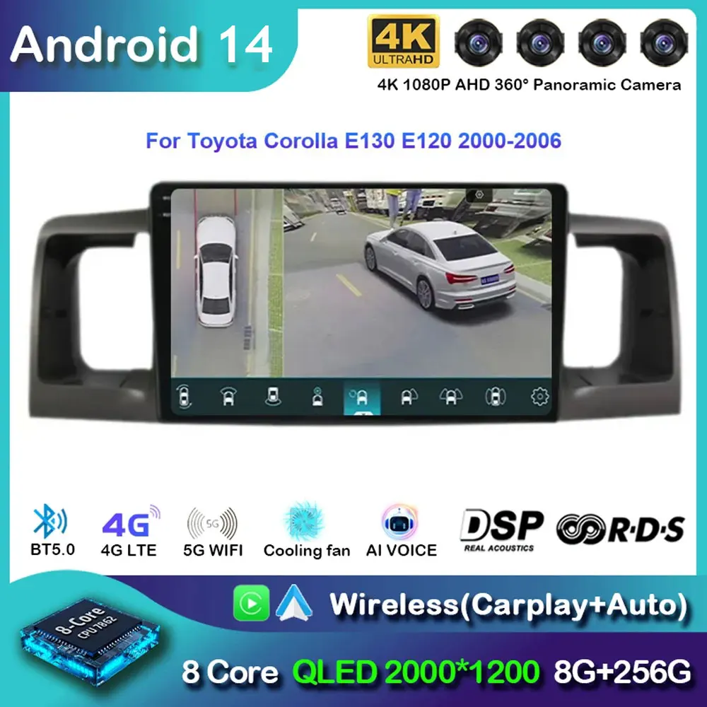 

Android 14 For Toyota Corolla E120 BYD F3 2007 - 2011 Car Radio Navigation Multimedia Player Stereo GPS WiFi+4G DSP Carplay+Auto