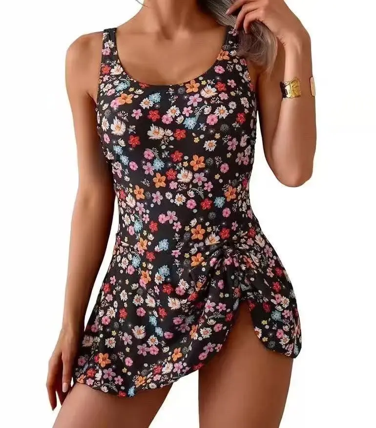 One Piece Women's Swimsuit with Skirt 2026 New Woman Sexy Floral Print Swimwear Beach Bathing Suit for Ladies