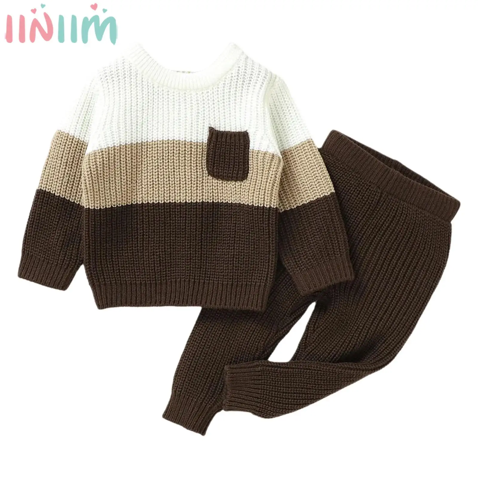 

Baby Boys Girls Fashion Casual Knitted Outfit Long Sleeve Color Block Sweater Tops with Pants Fall Winter Warm Costume Set