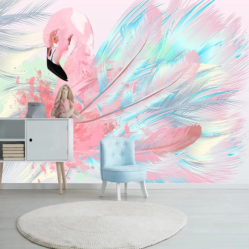 Customized products 3D Wallpaper Simple Nordic Hand-painted Pink Feathers Murals Living Room Kid's Bedroom flamingo restaurant