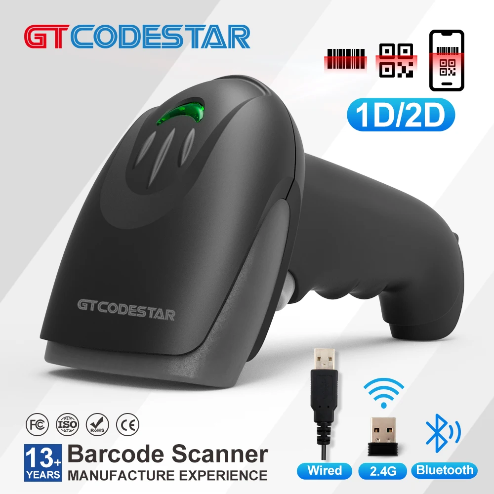 Imagem -01 - Gtcodestar-barcode Scanner Portátil sem Fio Bluetooth 2d Bar Code Reader com Fio qr Suporte Celular gtcodestar barcode scanner portatil sem fio bluetooth 2d bar code reader com fio qr suporte celular 01